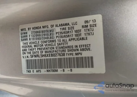 2014 Honda Odyssey Ex-L из США, поврежденный, VIN 5FNRL5H6XEB027638